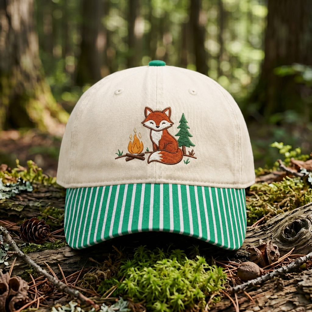 Fox Campfire Pine Tree Woodland Outdoor Embroidered Gingham & Stripe Brim Hat