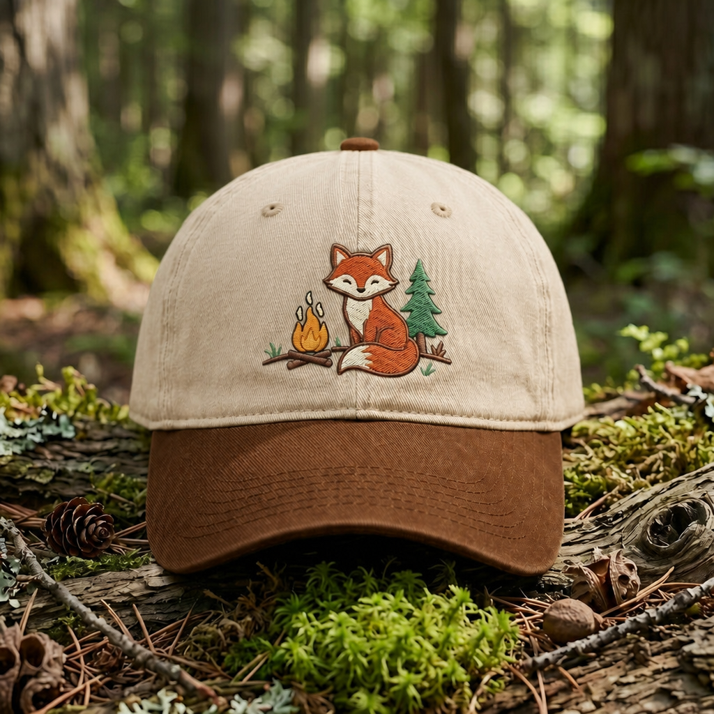 Fox Campfire Pine Tree Woodland Outdoor Embroidered Two-Tone Hat
