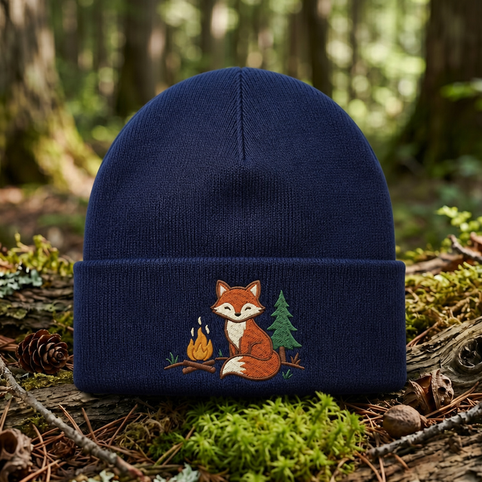 Fox Campfire Pine Tree Woodland Outdoor Embroidered Beanie