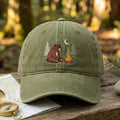 Bear Campfire Pine Trees Crescent Moon Outdoor Camping Embroidered Hat — Washed Hat