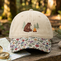 Bear Campfire Pine Trees Crescent Moon Outdoor Camping Embroidered Floral & Leopard Brim Hat