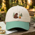 Bear Campfire Pine Trees Crescent Moon Outdoor Camping Embroidered Gingham & Stripe Brim Hat