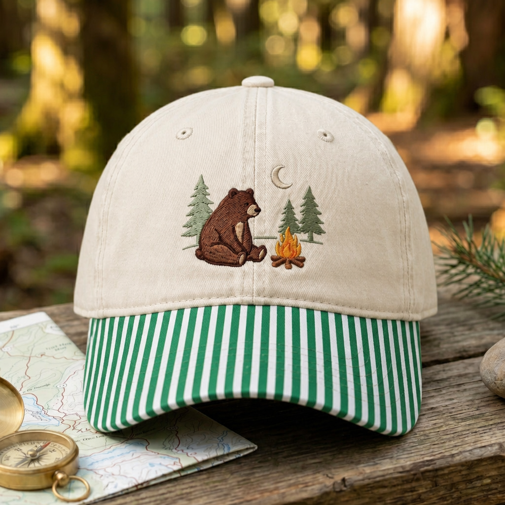 Bear Campfire Pine Trees Crescent Moon Outdoor Camping Embroidered Gingham & Stripe Brim Hat