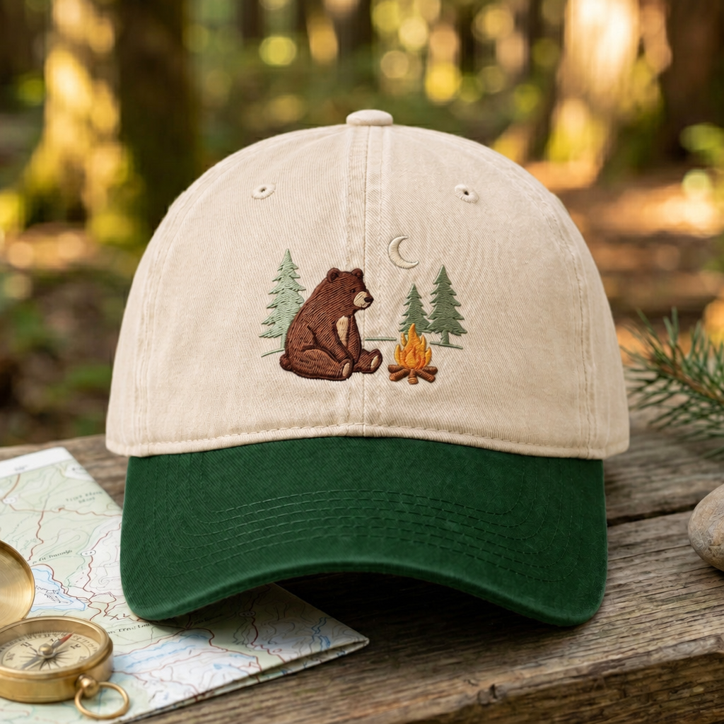 Bear Campfire Pine Trees Crescent Moon Outdoor Camping Embroidered Two-Tone Hat