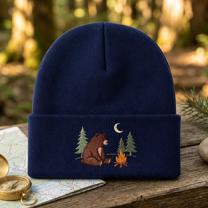 Bear Campfire Pine Trees Crescent Moon Outdoor Camping Embroidered Beanie