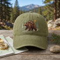 Hiking Bear Backpack Pine Trees Sun Outdoor Adventure Embroidered Hat — Washed Hat