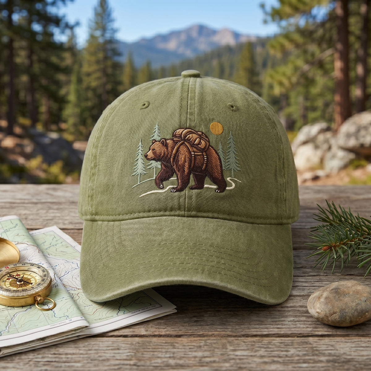 Hiking Bear Backpack Pine Trees Sun Outdoor Adventure Embroidered Hat — Washed Hat