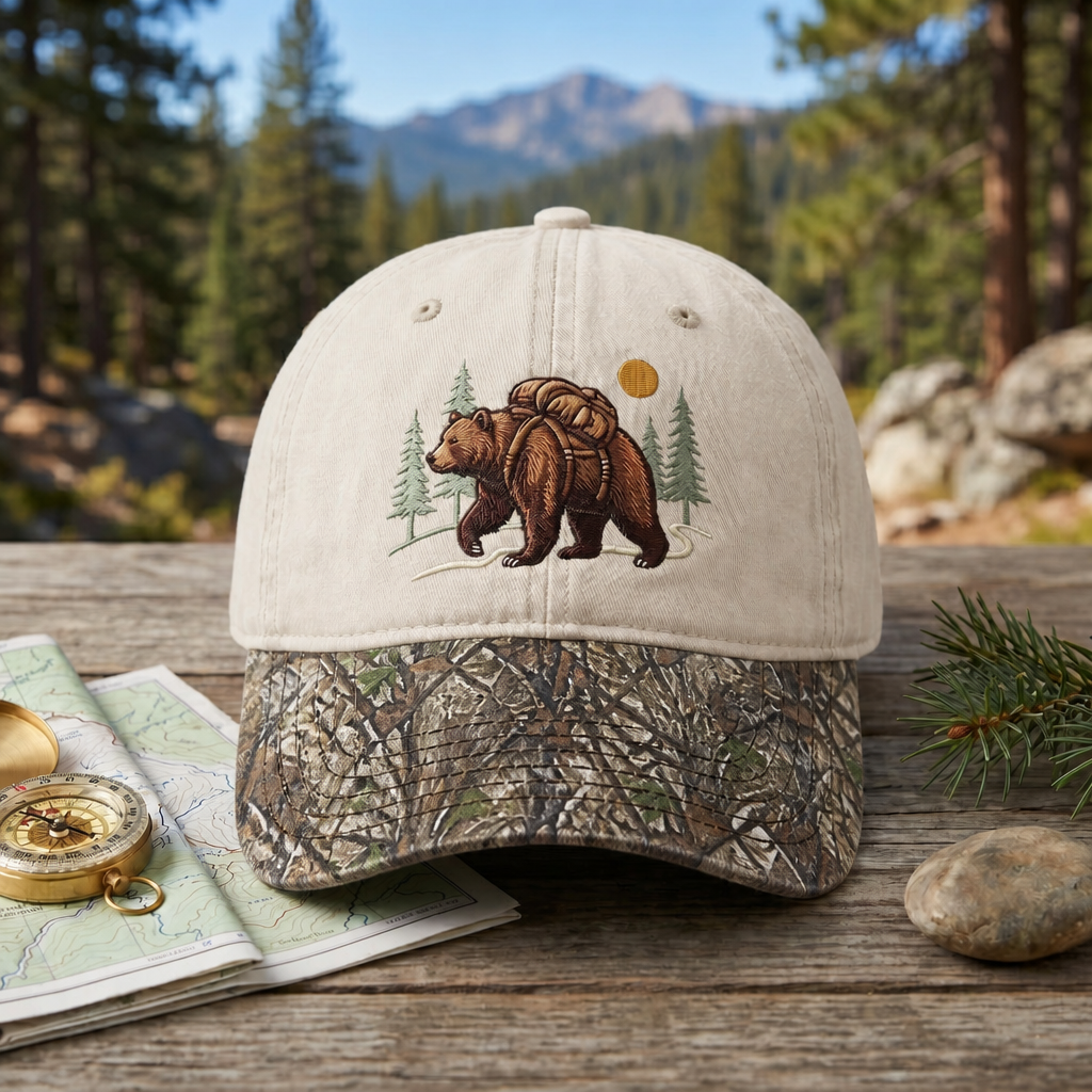 Hiking Bear Backpack Pine Trees Sun Outdoor Adventure Embroidered Floral & Leopard Brim Hat