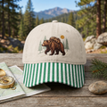 Hiking Bear Backpack Pine Trees Sun Outdoor Adventure Embroidered Gingham & Stripe Brim Hat