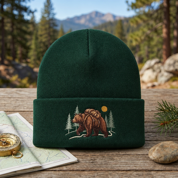 Hiking Bear Backpack Pine Trees Sun Outdoor Adventure Embroidered Beanie