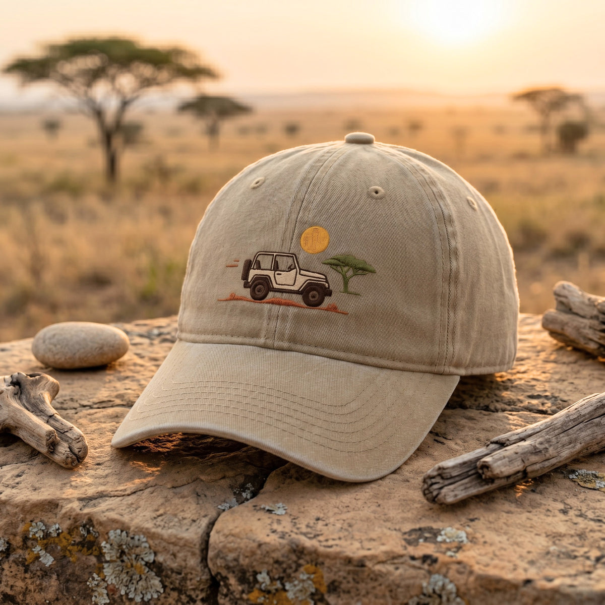 Safari Jeep Acacia Tree Sunset Africa Adventure Embroidered Hat — Washed Hat