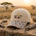 Safari Jeep Acacia Tree Sunset Africa Adventure Embroidered Floral & Leopard Brim Hat