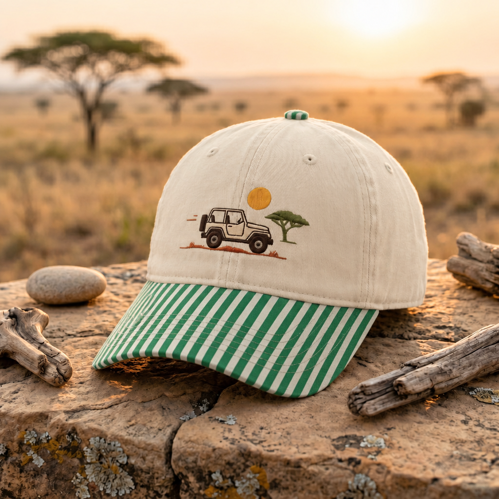 Safari Jeep Acacia Tree Sunset Africa Adventure Embroidered Gingham & Stripe Brim Hat