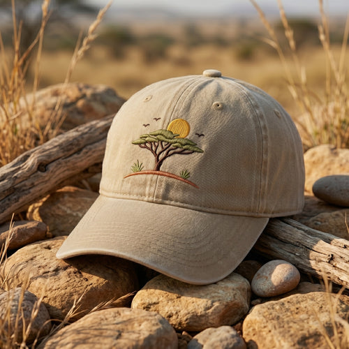 African Savanna Acacia Tree Sunset Birds Wildlife Embroidered Hat — Washed Hat