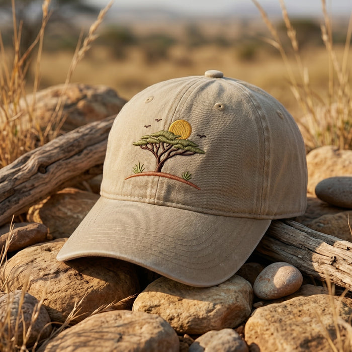 African Savanna Acacia Tree Sunset Birds Wildlife Embroidered Hat