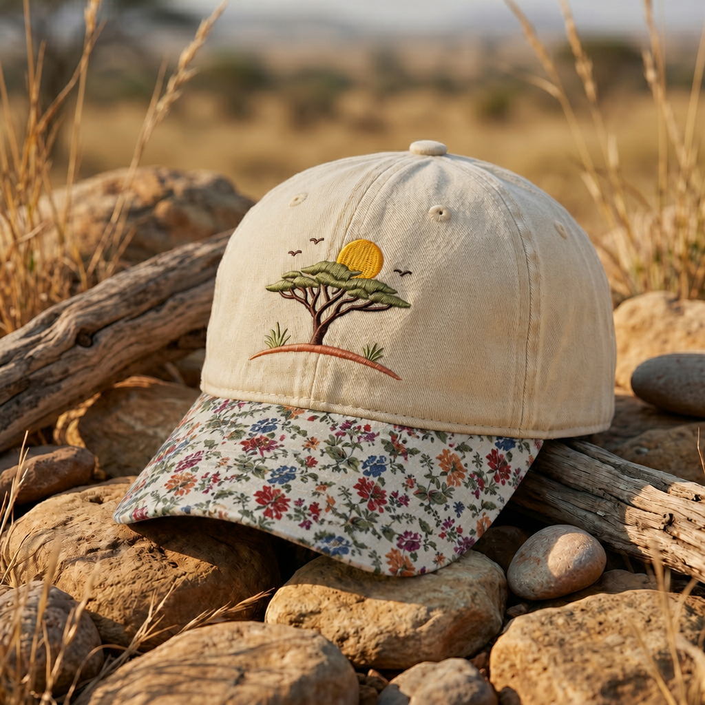 African Savanna Acacia Tree Sunset Birds Wildlife Embroidered Floral & Leopard Brim Hat