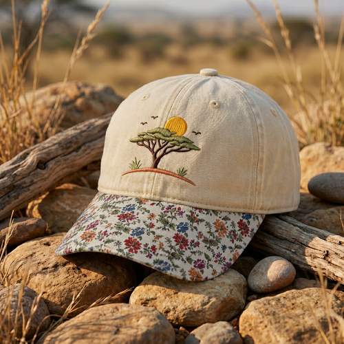 African Savanna Acacia Tree Sunset Birds Wildlife Embroidered Floral & Leopard Brim Hat