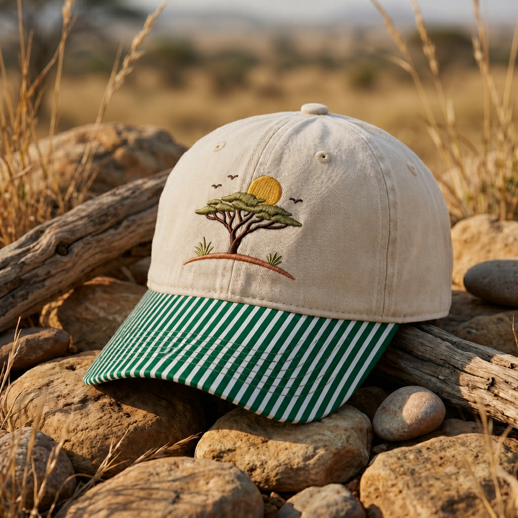 African Savanna Acacia Tree Sunset Birds Wildlife Embroidered Gingham & Stripe Brim Hat