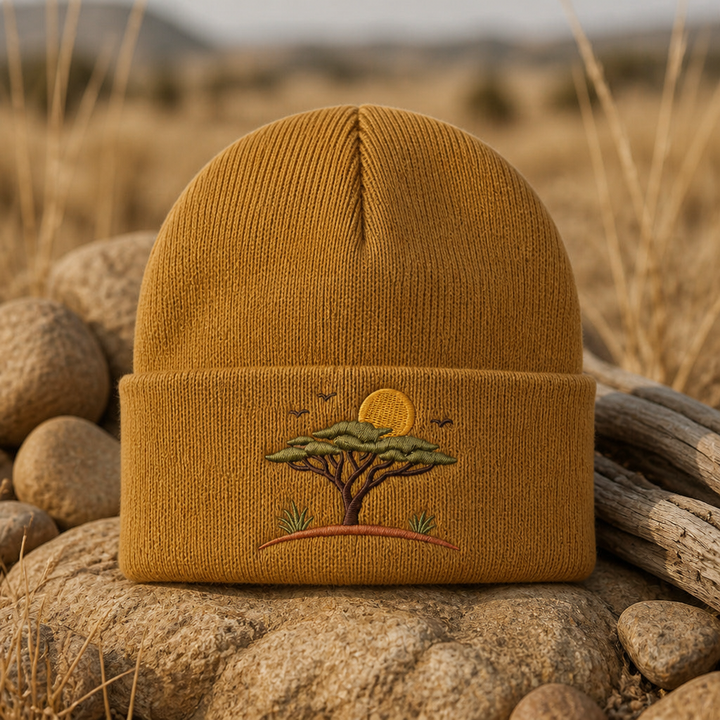 African Savanna Acacia Tree Sunset Birds Wildlife Embroidered Beanie