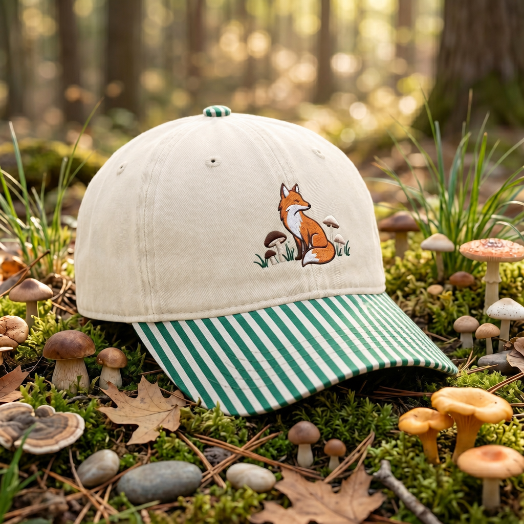 Fox Mushroom Forest Nature Embroidered Gingham & Stripe Brim Hat