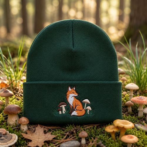 Fox Mushroom Forest Nature Embroidered Beanie