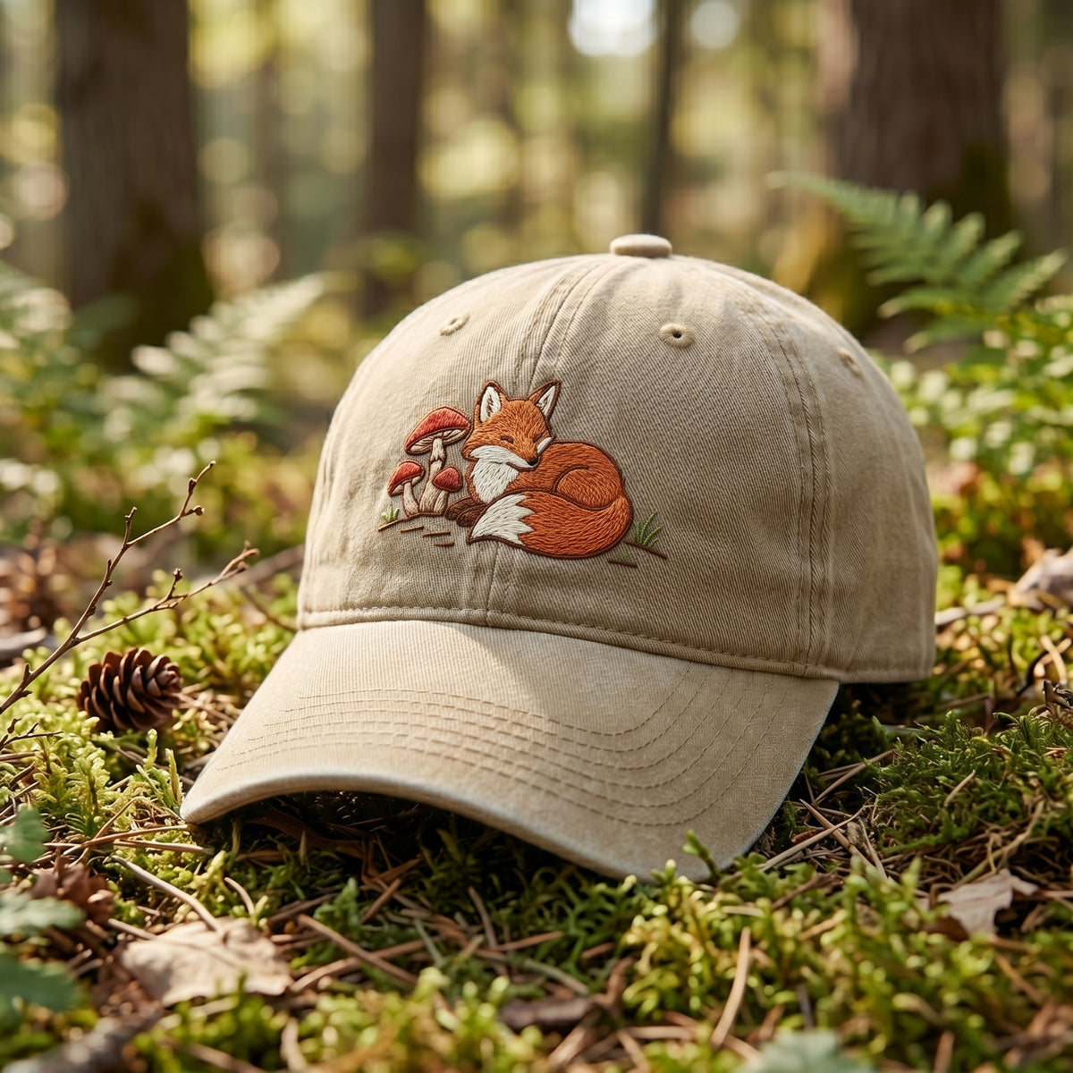 Sleeping Fox Mushrooms Forest Cottagecore Embroidered Hat — Baseball Cap
