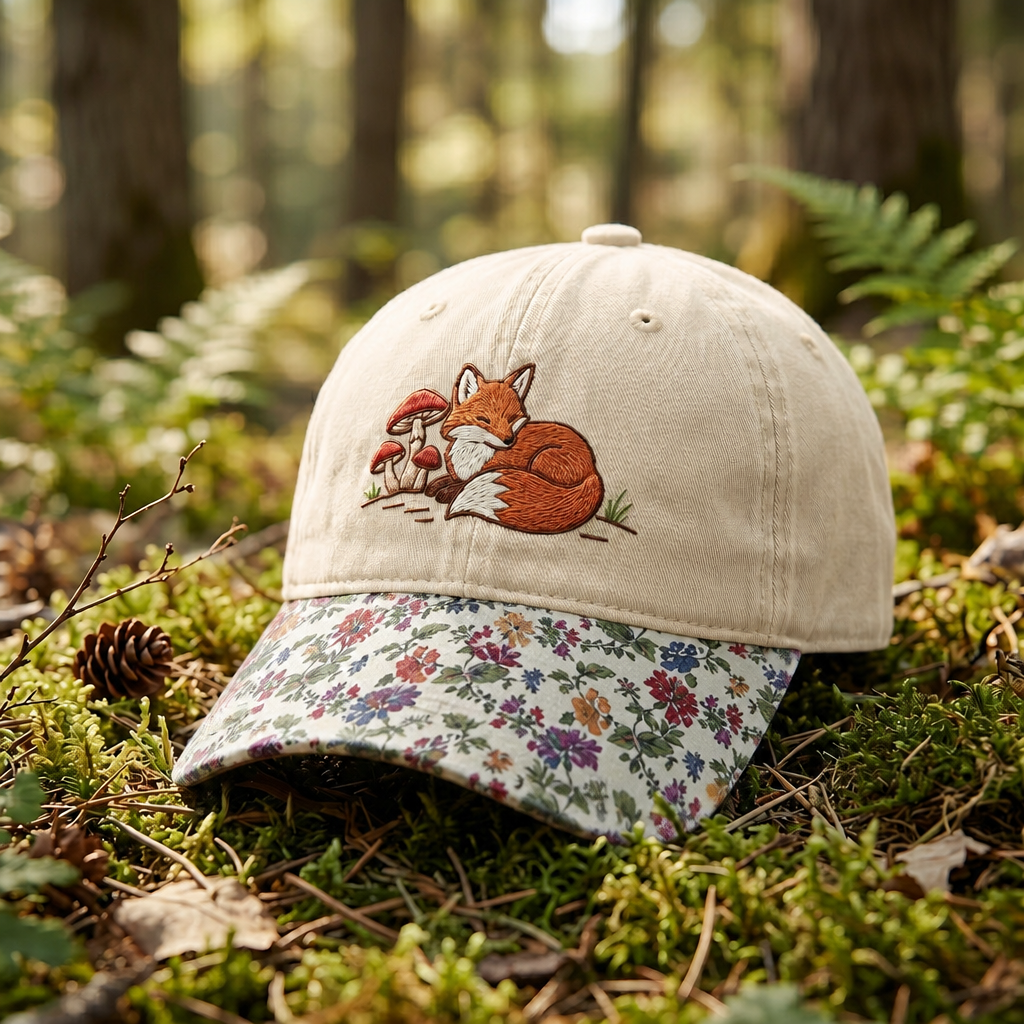 Sleeping Fox Mushrooms Forest Cottagecore Embroidered Floral & Leopard Brim Hat