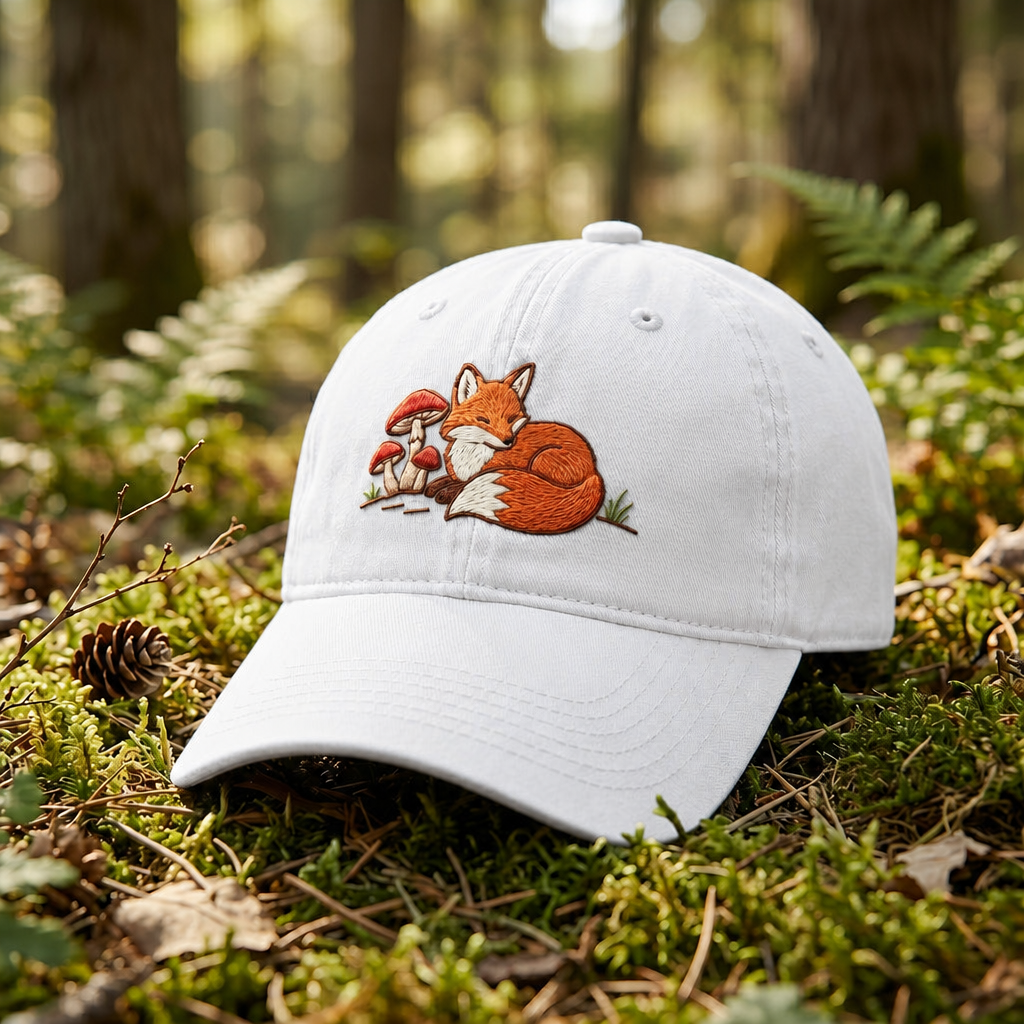 Sleeping Fox Mushrooms Forest Cottagecore Embroidered Hat