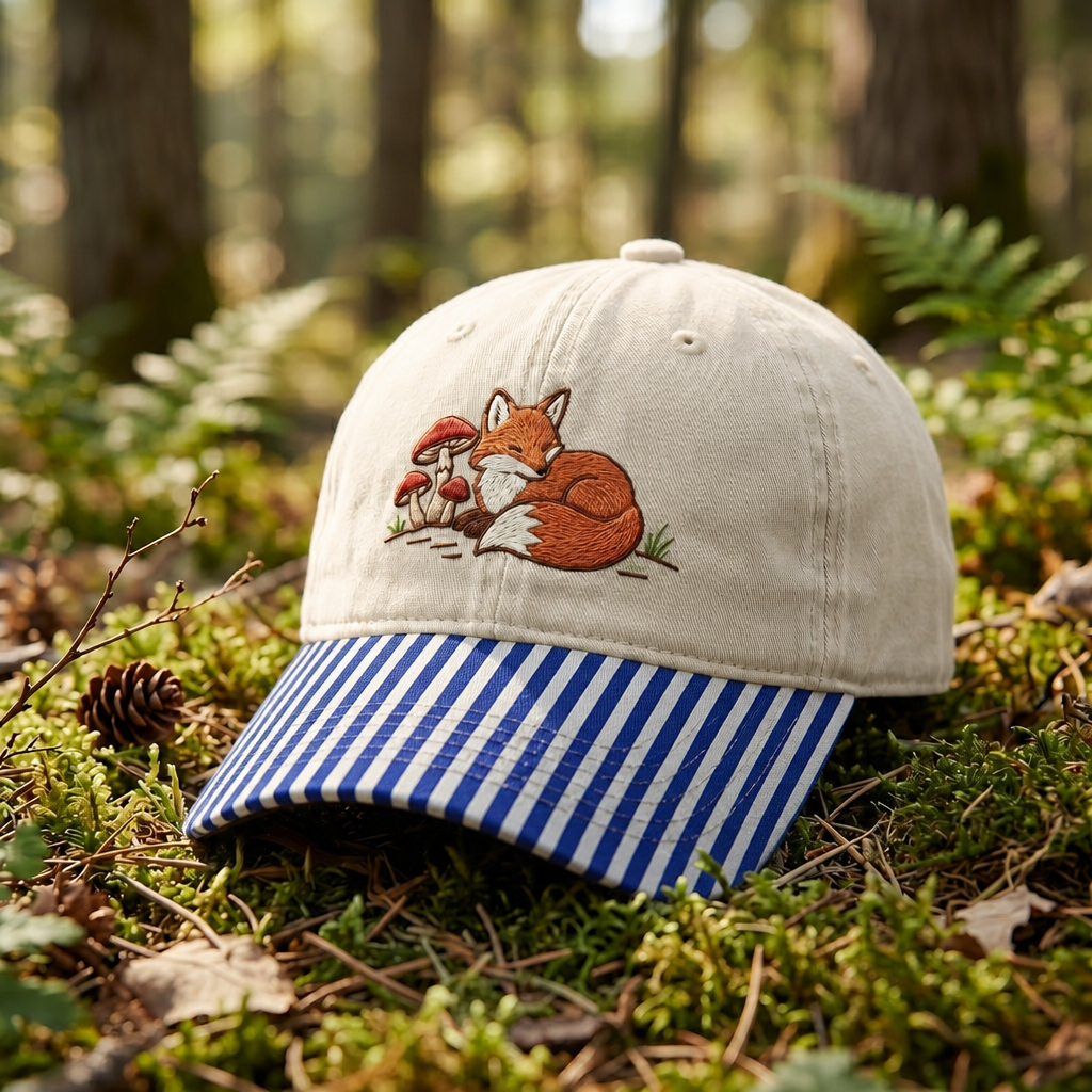 Sleeping Fox Mushrooms Forest Cottagecore Embroidered Gingham & Stripe Brim Hat
