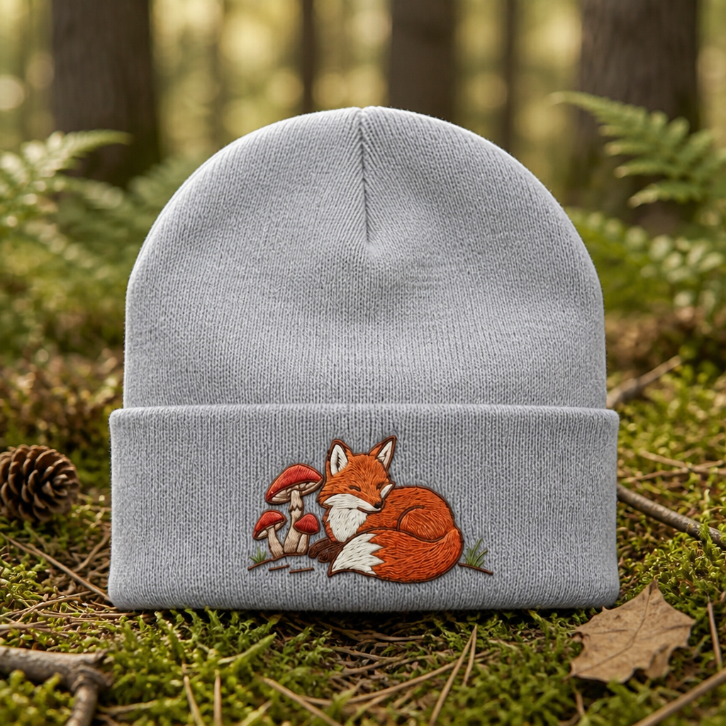 Sleeping Fox Mushrooms Forest Cottagecore Embroidered Beanie