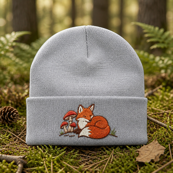 Sleeping Fox Mushrooms Forest Cottagecore Embroidered Beanie