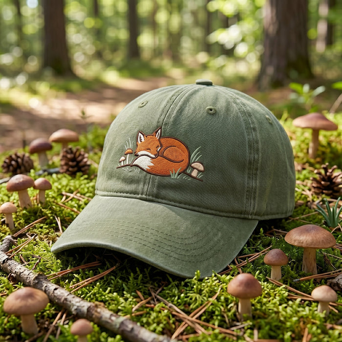Sleeping Fox Mushrooms Forest Nature Embroidered Hat