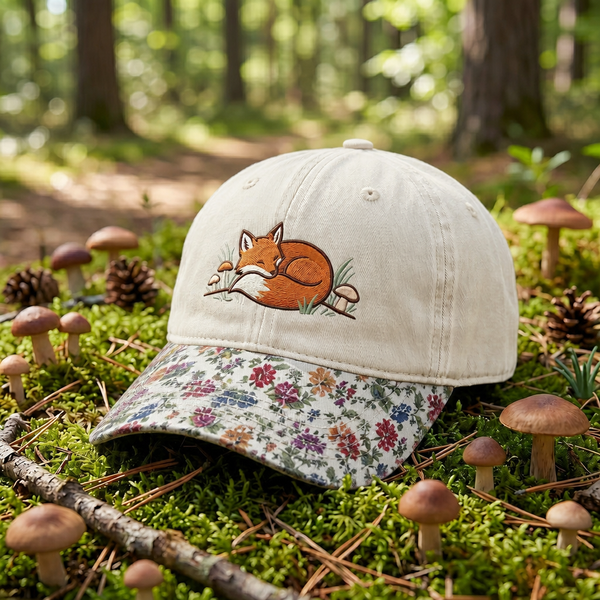 Sleeping Fox Mushrooms Forest Nature Embroidered Floral & Leopard Brim Hat