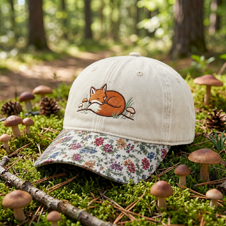 Sleeping Fox Mushrooms Forest Nature Embroidered Floral & Leopard Brim Hat