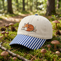 Sleeping Fox Mushrooms Forest Nature Embroidered Gingham & Stripe Brim Hat