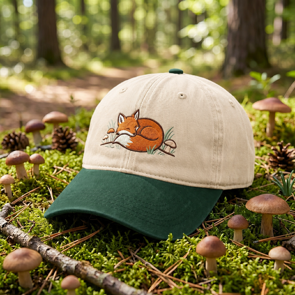 Sleeping Fox Mushrooms Forest Nature Embroidered Two-Tone Hat