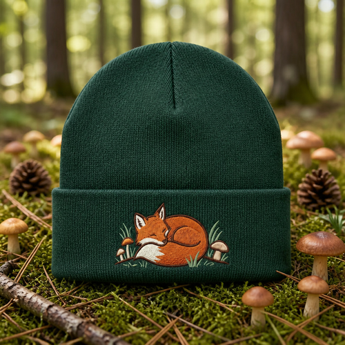 Sleeping Fox Mushrooms Forest Nature Embroidered Beanie