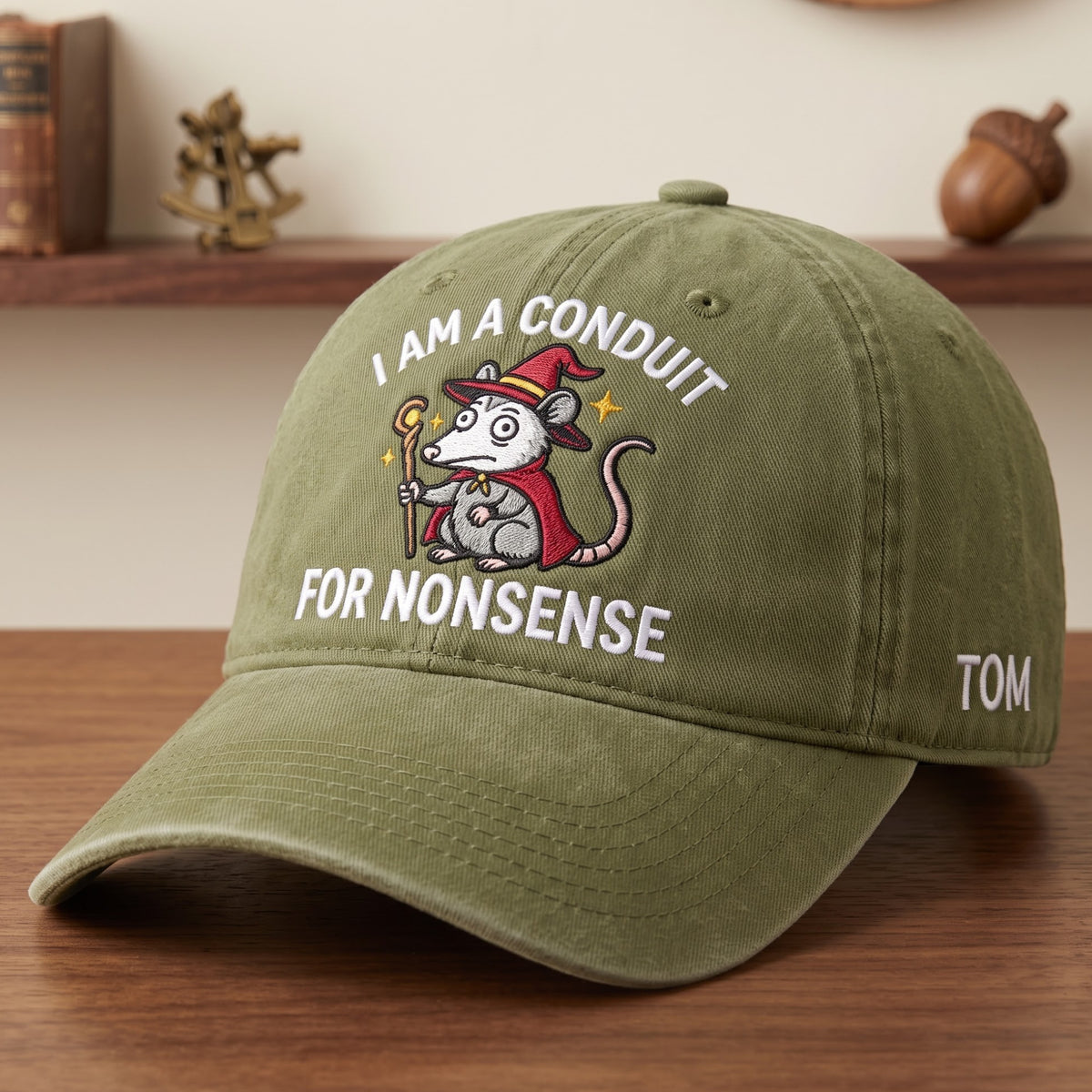 Personalized Wizard Mouse I Am A Conduit For Nonsense Embroidered Hat — Washed Hat