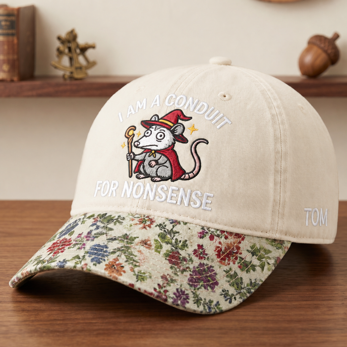 Personalized Wizard Mouse I Am A Conduit For Nonsense Embroidered Floral & Leopard Brim Hat