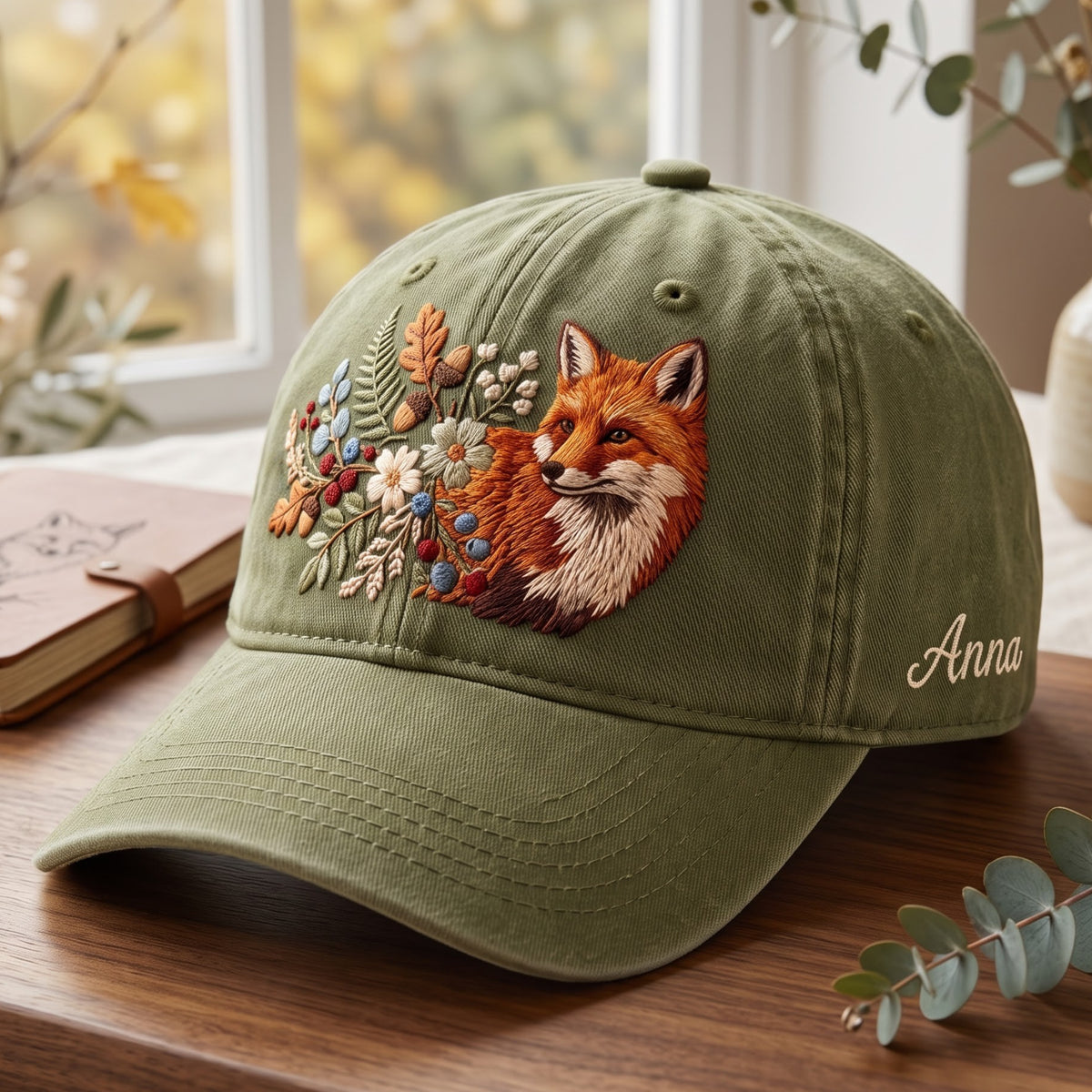 Personalized Red Fox Wildflower Botanical Fall Embroidered Hat — Washed Hat