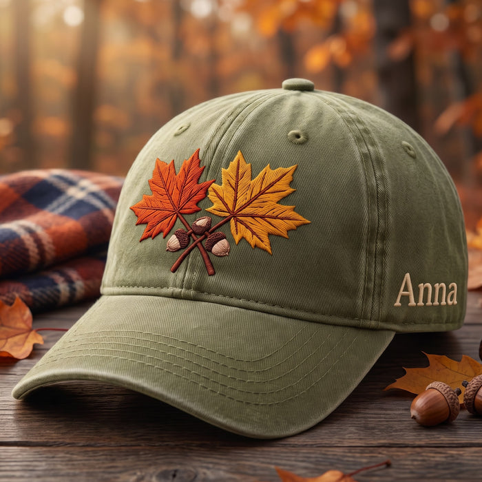 Personalized Fall Maple Leaves Acorns Autumn Embroidered Hat