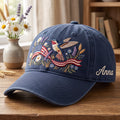 Personalized Hummingbird American Flag Wildflowers Patriotic Embroidered Hat — Washed Hat