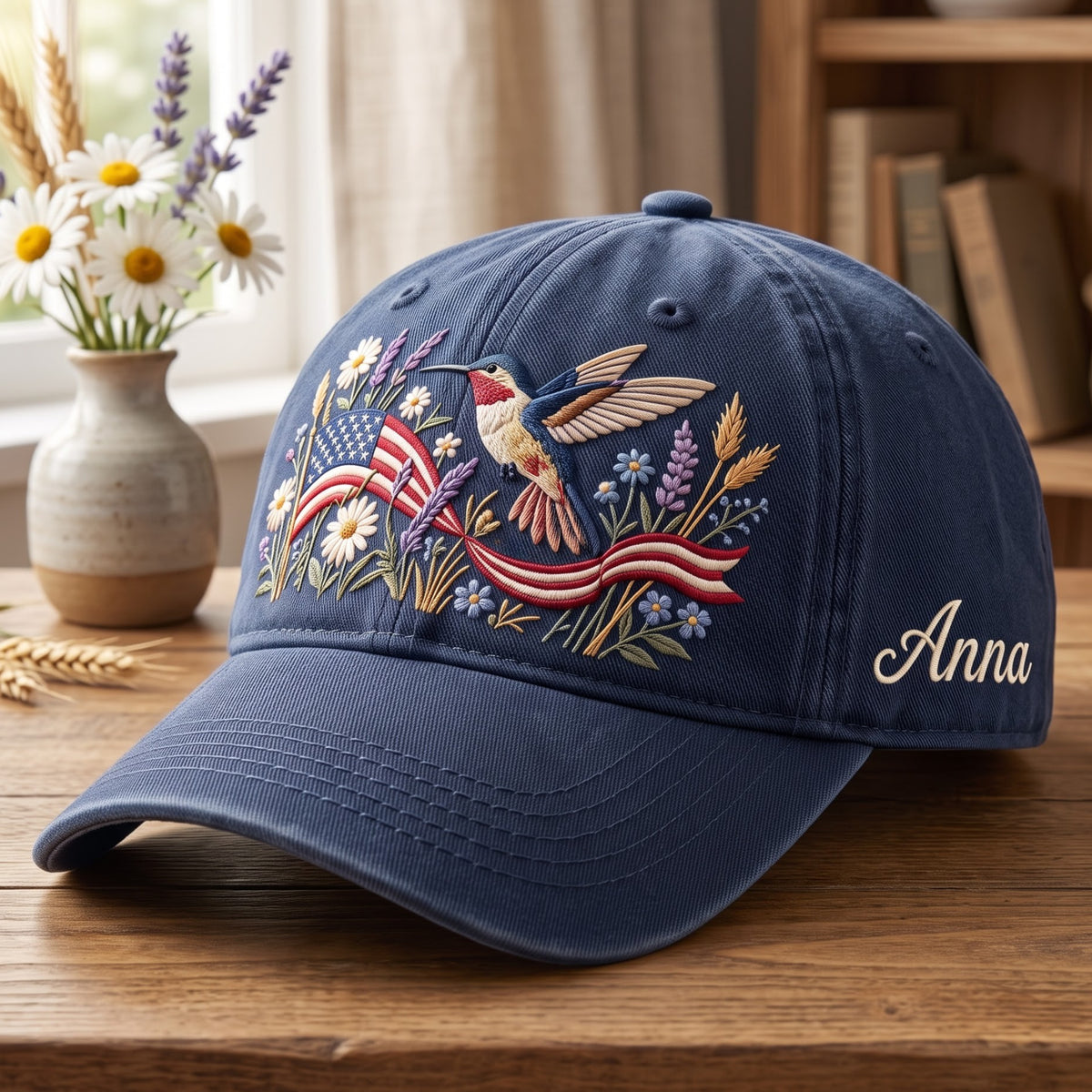 Personalized Hummingbird American Flag Wildflowers Patriotic Embroidered Hat — Washed Hat