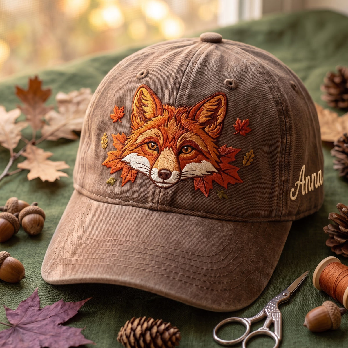 Personalized Autumn Fox Fall Maple Leaves Embroidered Hat — Washed Hat