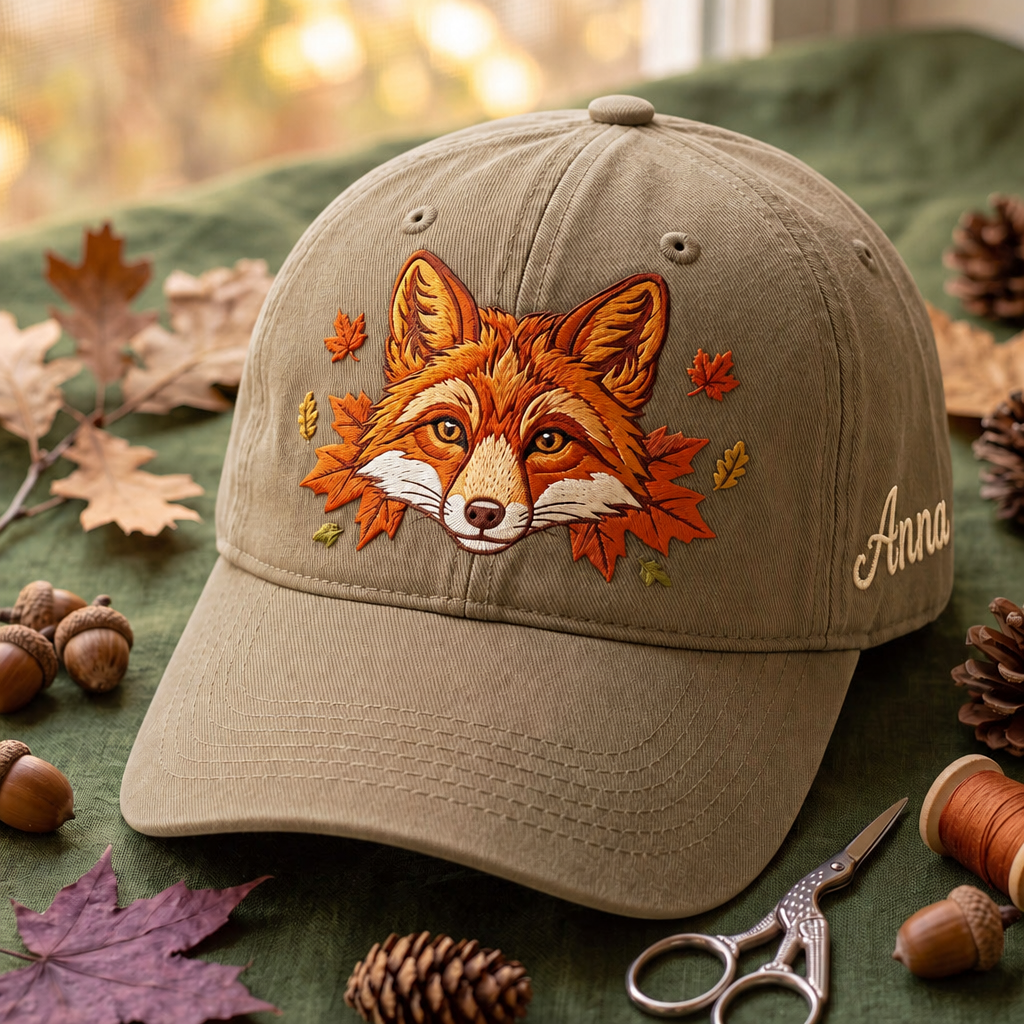 Personalized Autumn Fox Fall Maple Leaves Embroidered Hat