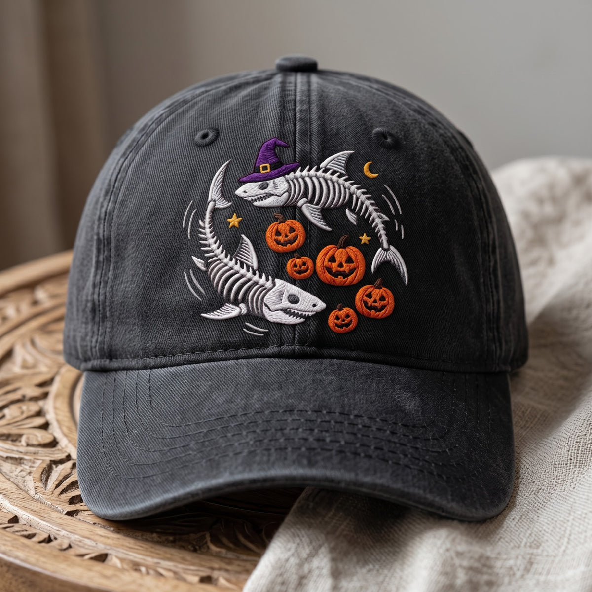 Halloween Skeleton Fish Witch Hat Jack-o-Lantern Pumpkins Embroidered Hat — Washed Hat