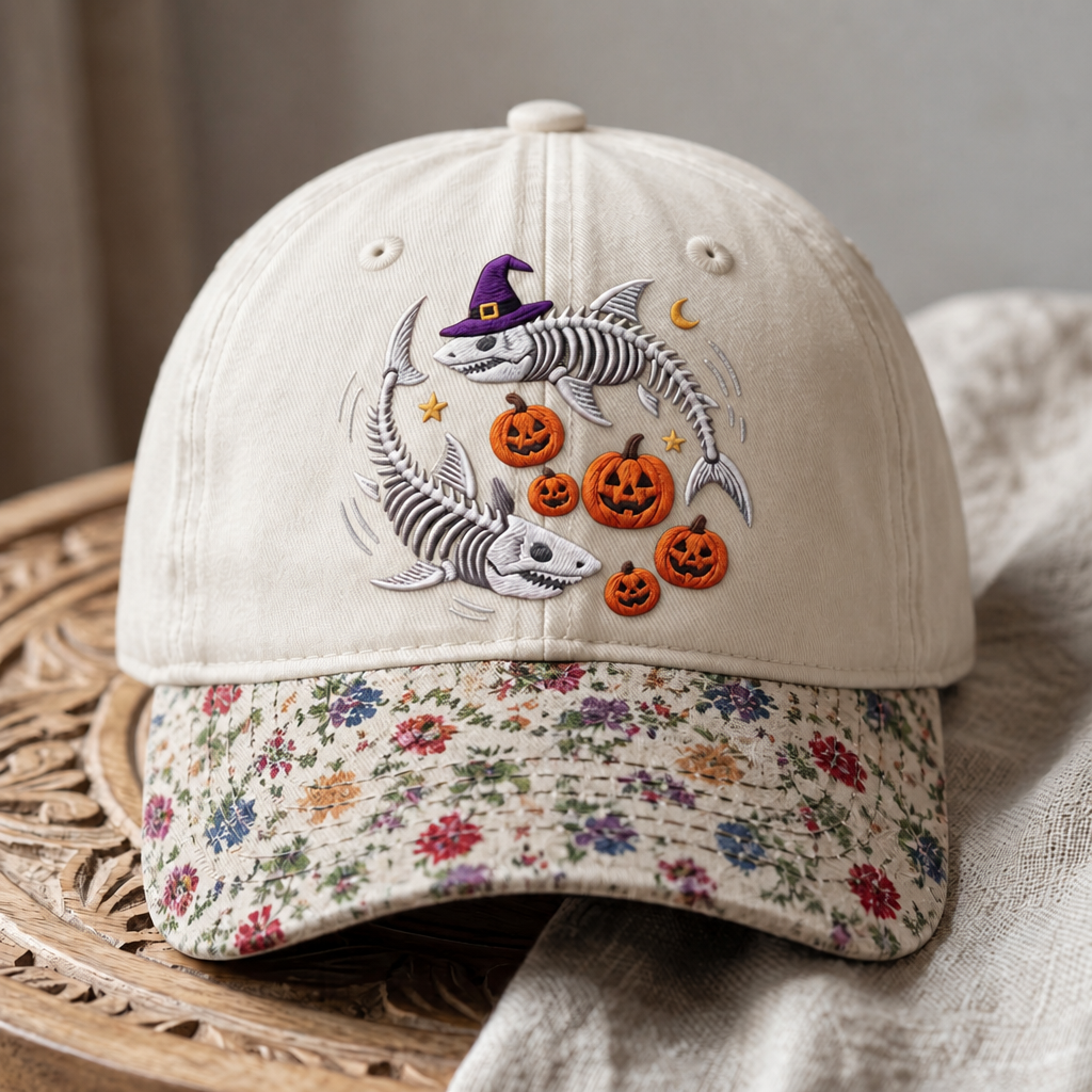 Halloween Skeleton Fish Witch Hat Jack-o-Lantern Pumpkins Embroidered Floral & Leopard Brim Hat