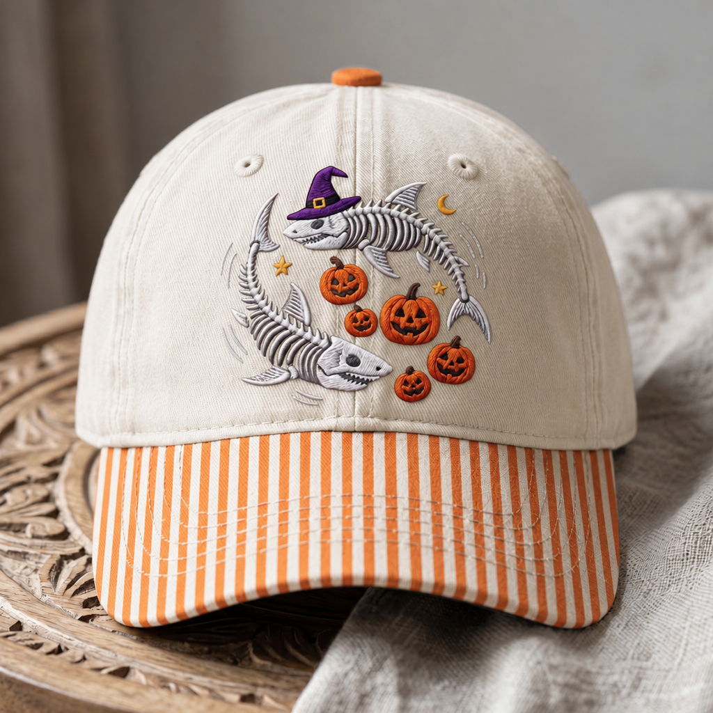 Halloween Skeleton Fish Witch Hat Jack-o-Lantern Pumpkins Embroidered Gingham & Stripe Brim Hat