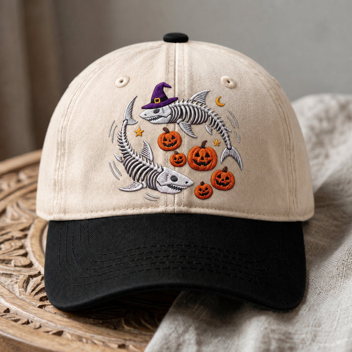 Halloween Skeleton Fish Witch Hat Jack-o-Lantern Pumpkins Embroidered Two-Tone Hat
