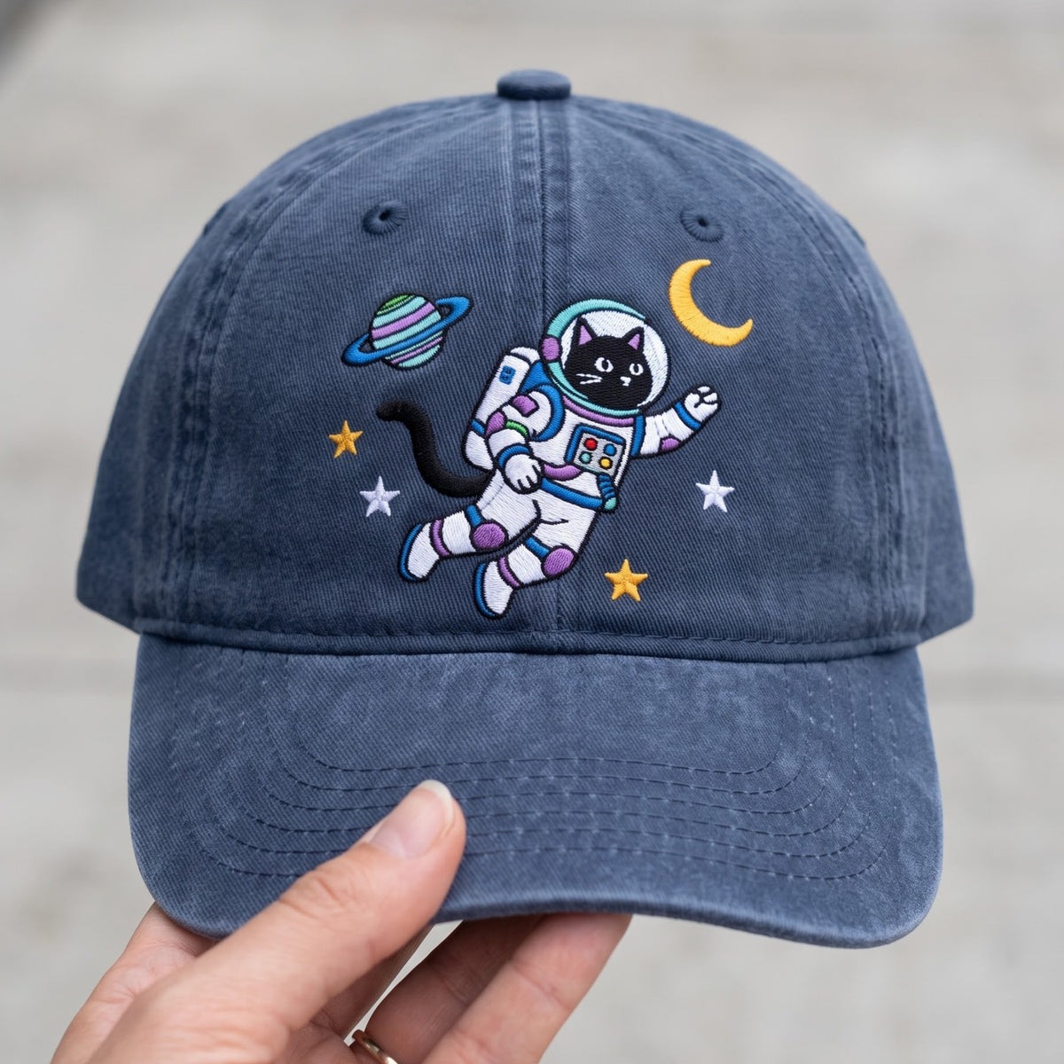 Space Cat Astronaut Saturn Moon Stars Embroidered Hat — Washed Hat